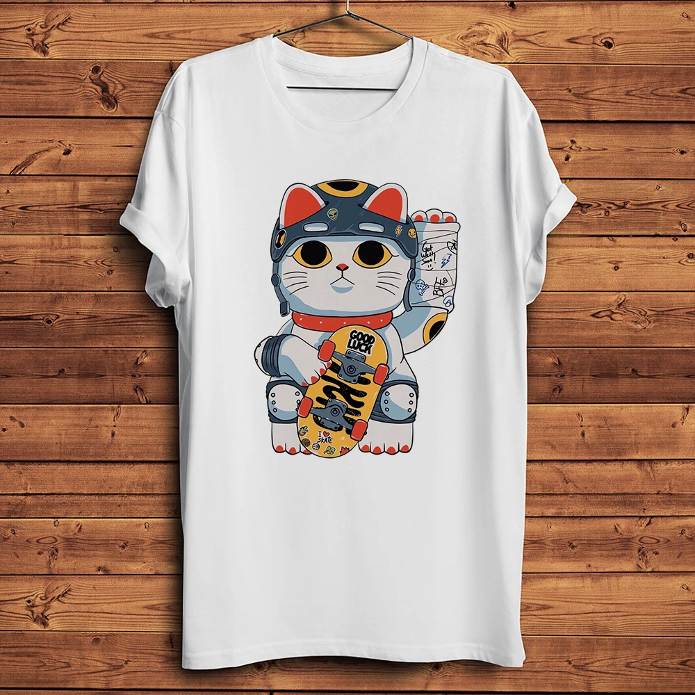 Wounded Boxer Skateboarder Lucky Meow Neko Cat Funny TShirt Homme O-neck Short Sleeve T Shirt Streetwear Unisex Tee Breathable