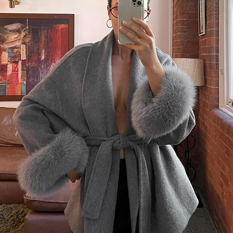 

Faionable Pure Color Plaid Woolen Coat Women's Cross-Class Sle with Fur Cuffs LinJ Spicy Girl Trendy European Sle