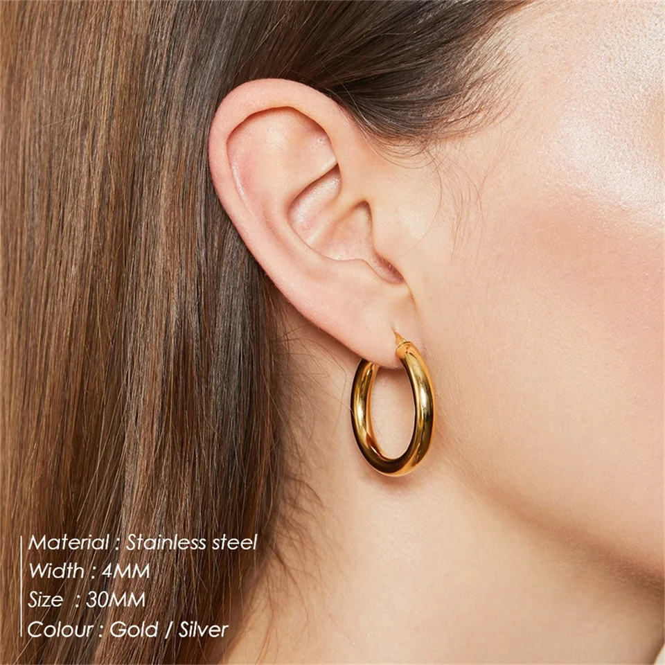 St-Delan Edelstahl Chunky Hoop Ohrringe für Damen, verschiedene Größen 24/30/50MM, dicke goldene Huggie Hoops, schlichter Schmuck – Detail 5
