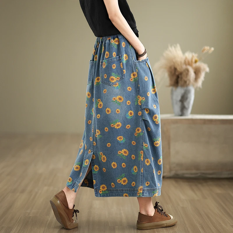 Losse denim rok met artistieke print, dames lente herfst plus maat afslankende knielange a-lijn katoenen lange rok