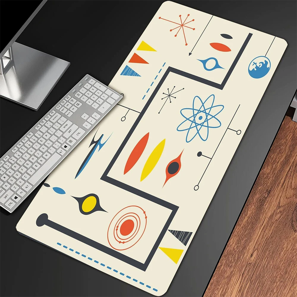Modern Style Shapes White Mouse Pad Deskmat,Geometric Patterns Mousepad,Vintage Colors Deskpad,Retrowave Keyboard Computer Mats