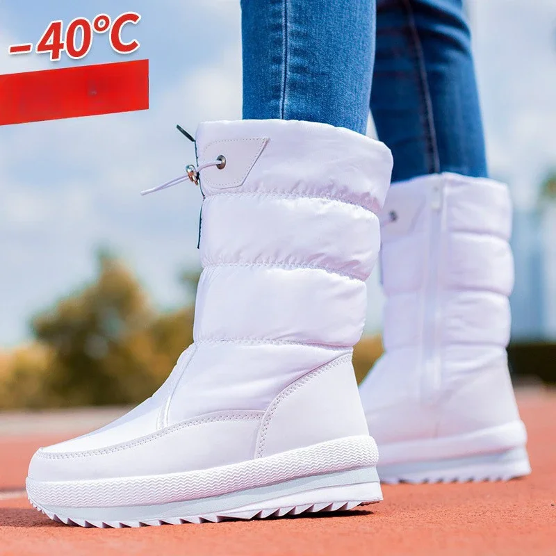 Winter Women's Long Boots 2025 Anti Slip Plush Warm Down Boots White Zipper Comfort Large 42 Size Cold Proof Outdoor Snow Boots