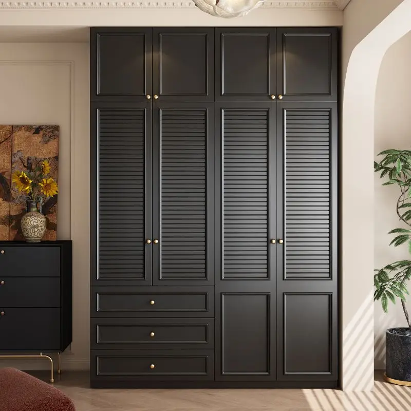 

Retro style black wardrobe grille door home bedroom small apartment medium and ancient style combination solid wood French