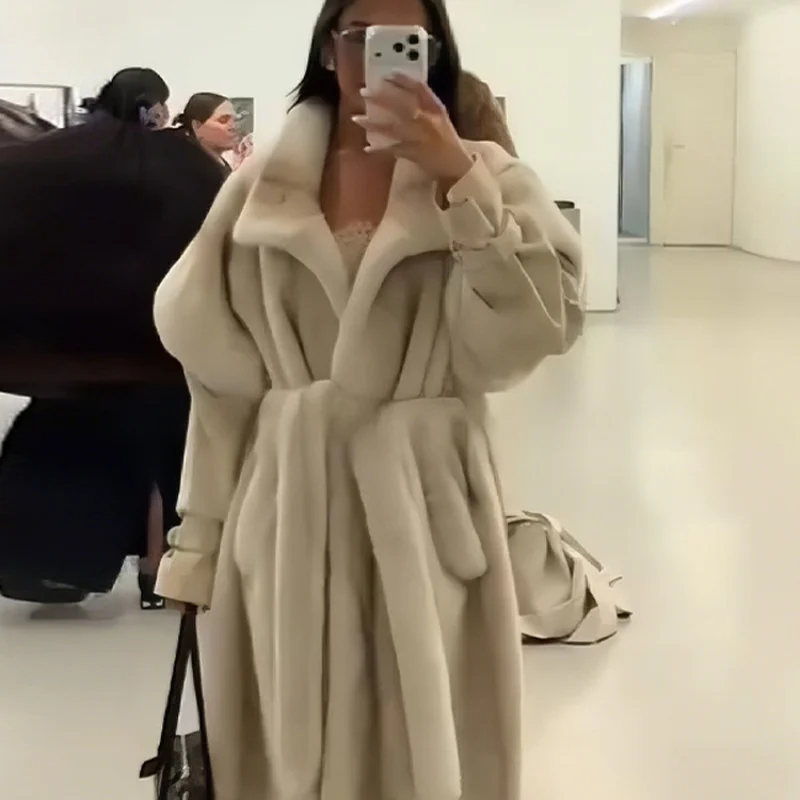 Women Cream Color Fuax Fur Long Coat Luxury Long Sleeved Adjustable Lace Up Jacket 2025 New Winter High Street Commute Overcoat