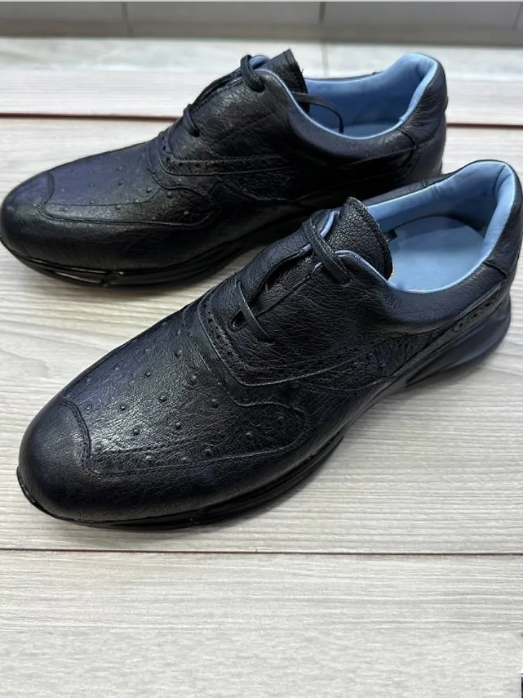 Ostrich Leather Comfortable Leisure Fashion Versatile Mens Dress Shoes Footwear Lace Up Pointed Toe Cowhide Handmade Daily Men