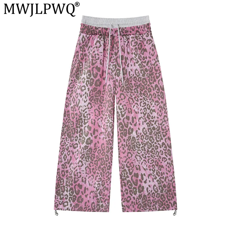 MWJLPWQ American Hip-Hop Loose Leopard Print Straight-Leg Sweatpants Men Trendy Color-Blocking Double Waistband Trousers 20752