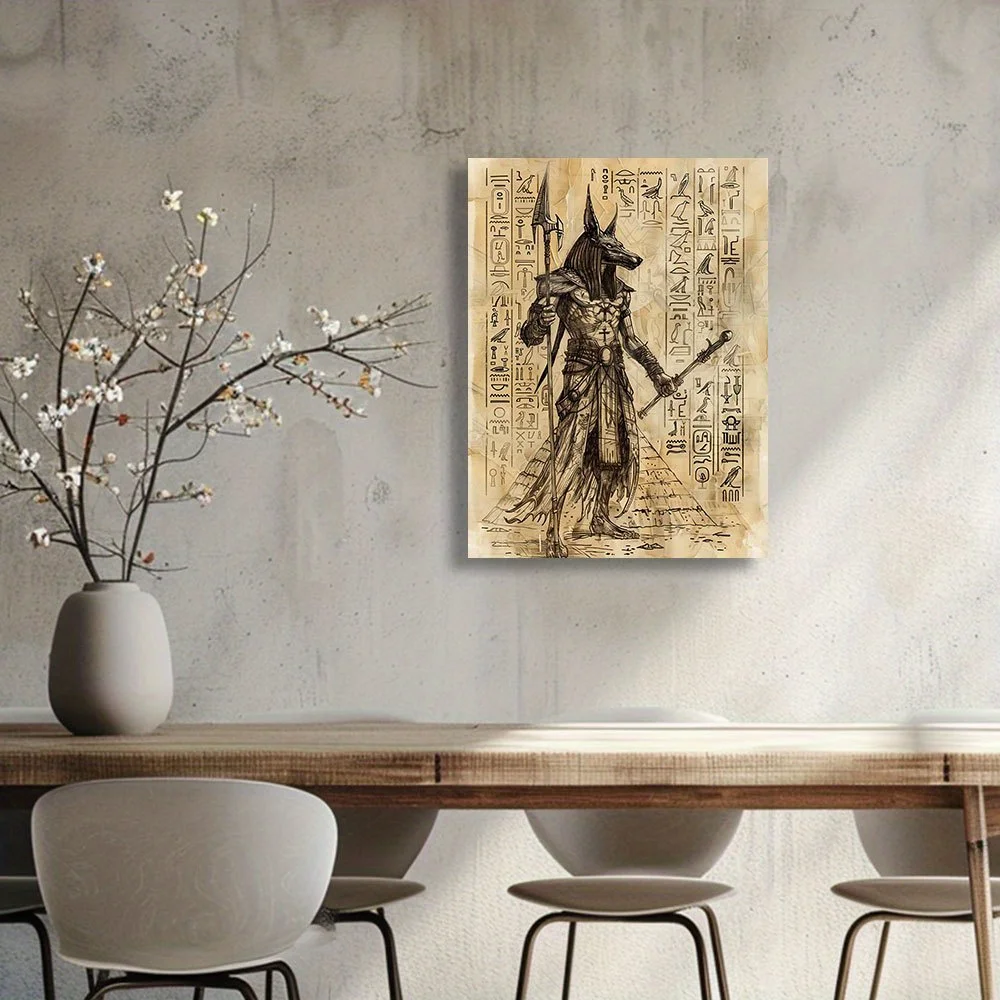 1pc frameless Canvas Painting Anubis Egyptian God Canvas Wall Art,Unframed Craft Supplies, Ancient Style Hieroglyphs Background,
