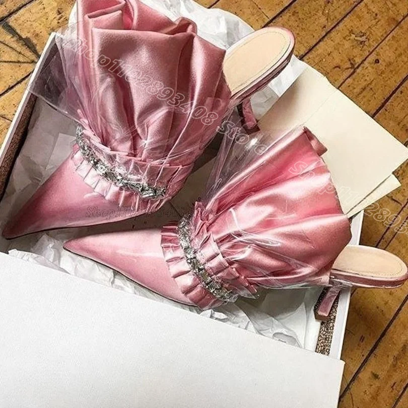 

Pink Trim Pleated Splicing Slippers Pointed Toe Stiletto Sweet Style Spring Casual Party Women Shoes 2025 Zapatos Para Mujere