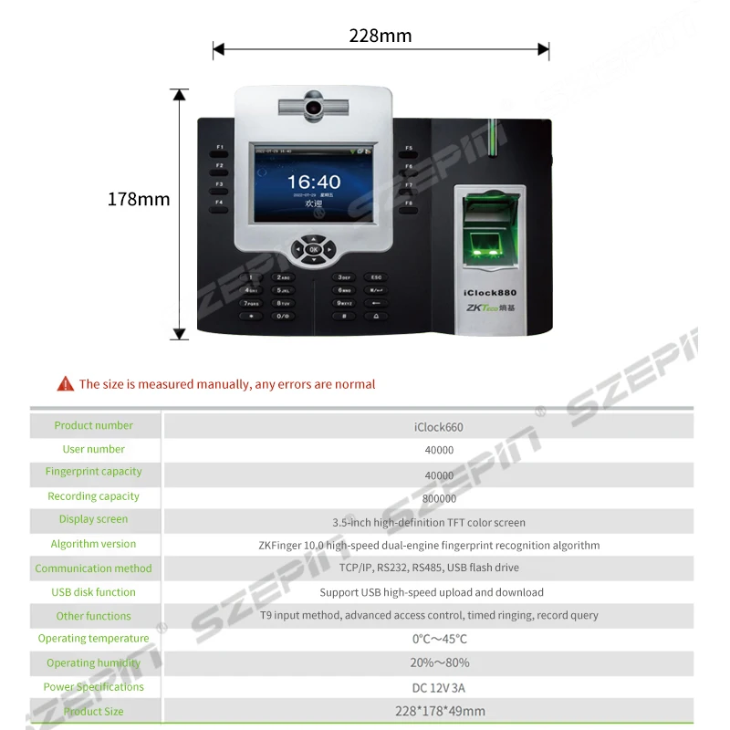 ZK Iclock880 نظام الحضور البيومترية بصمة الماسح الضوئي آلة الحضور الوقت على مدار الساعة بصمة واي فاي