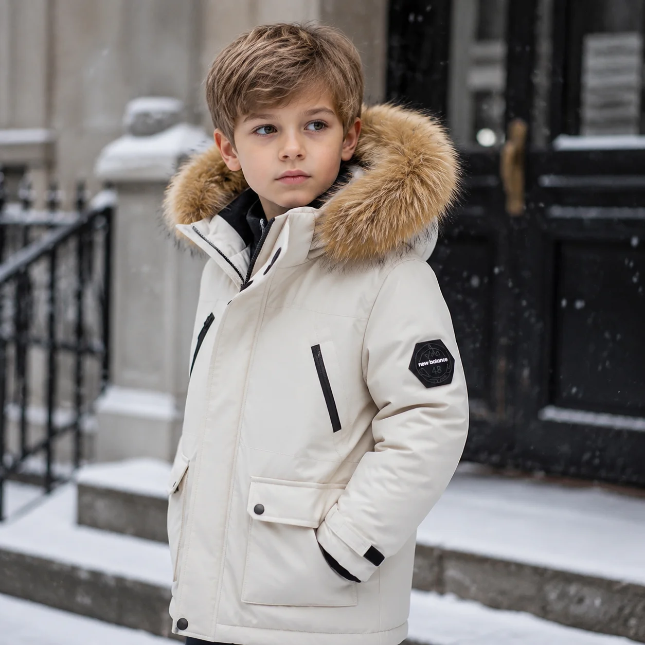 New Winter Thickened Large Fur Collar Cotton Jacket for Boys, Medium and Long Warm Parka Outdoor Jacket for Children Aged 4-12 Y