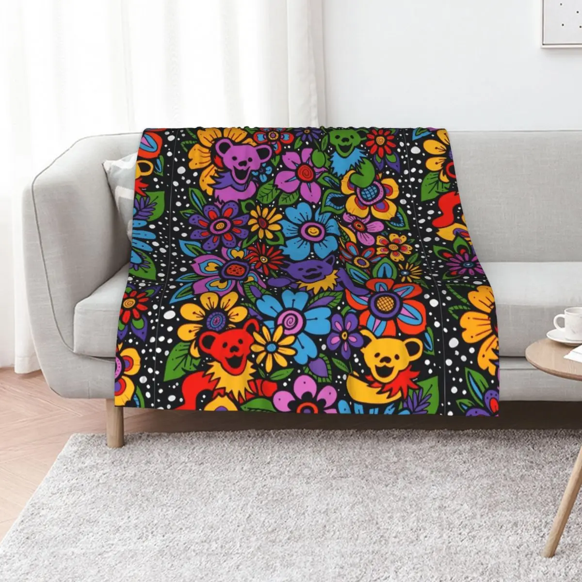 Psychedelic Flowers & Dancing Bears Coloured Grateful Rainbow Colours Throw Blanket Bed Fashionable anime Picnic Blankets