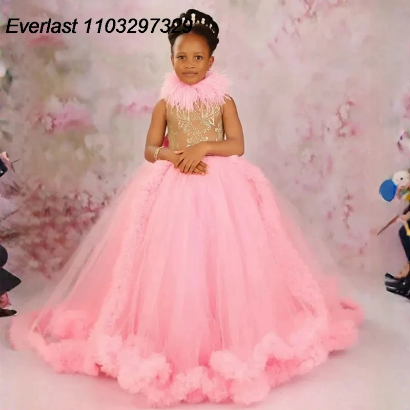 EVLAS African Flower Girl Dress Feather Lace Girl's Dress for Wedding Bow Birthday Party Communication Gowns Ruffled Kids TFD135