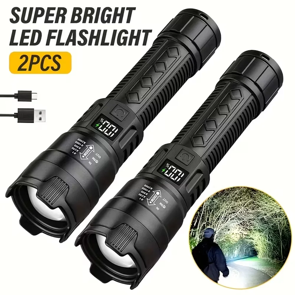 

Super Bright LED Flashlight USB Rechargeable Torch with Display Zoomable Powerful Portable Lamp Camping Hiking Emergency Lantern