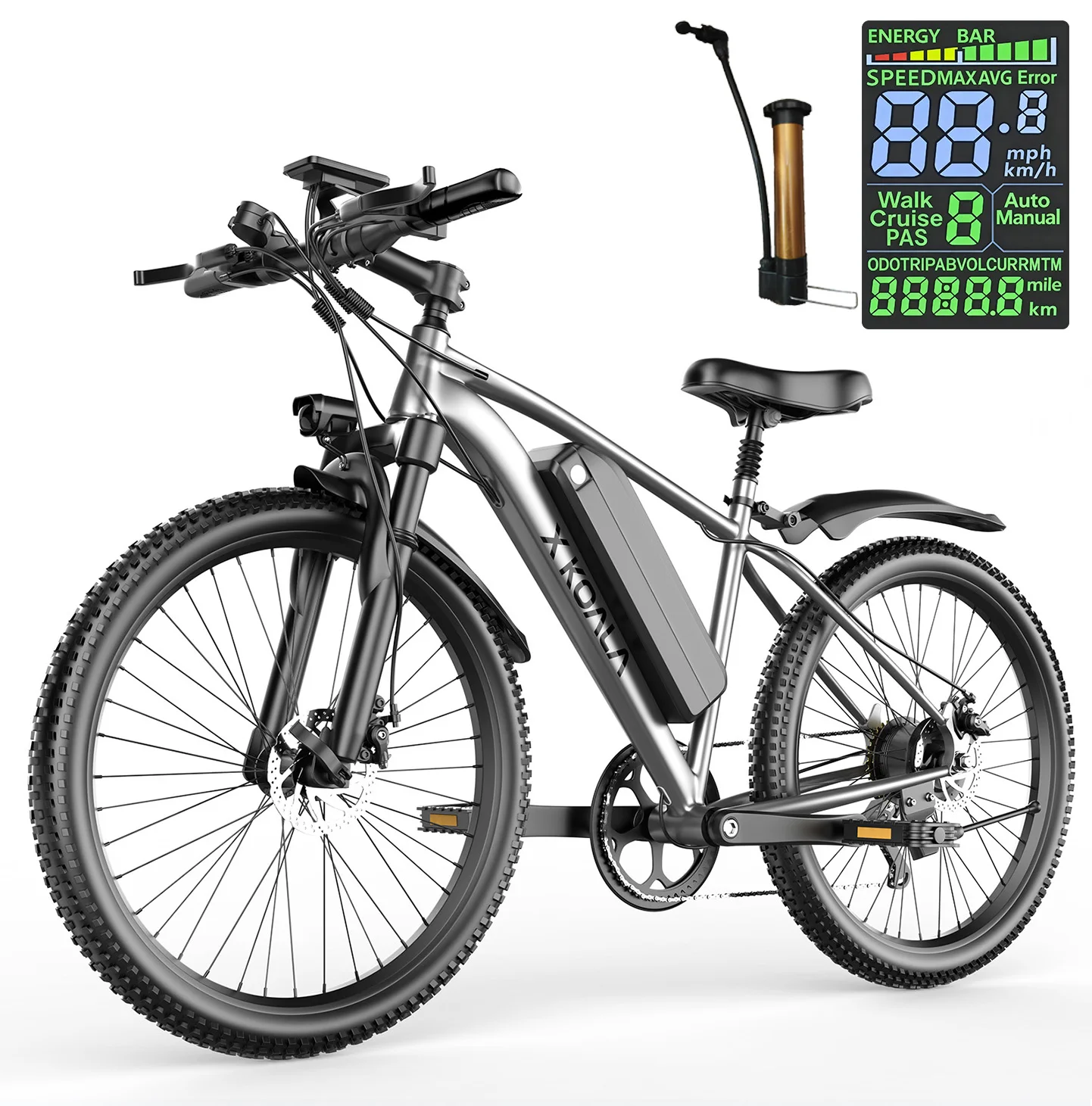 

26-дюймовый электрический велосипед, многофункциональный дисплей, бесшумный двигатель Peak 1200, SHIMANO 7 скоростей, съемный аккумулятор, дальность действия 30 мили