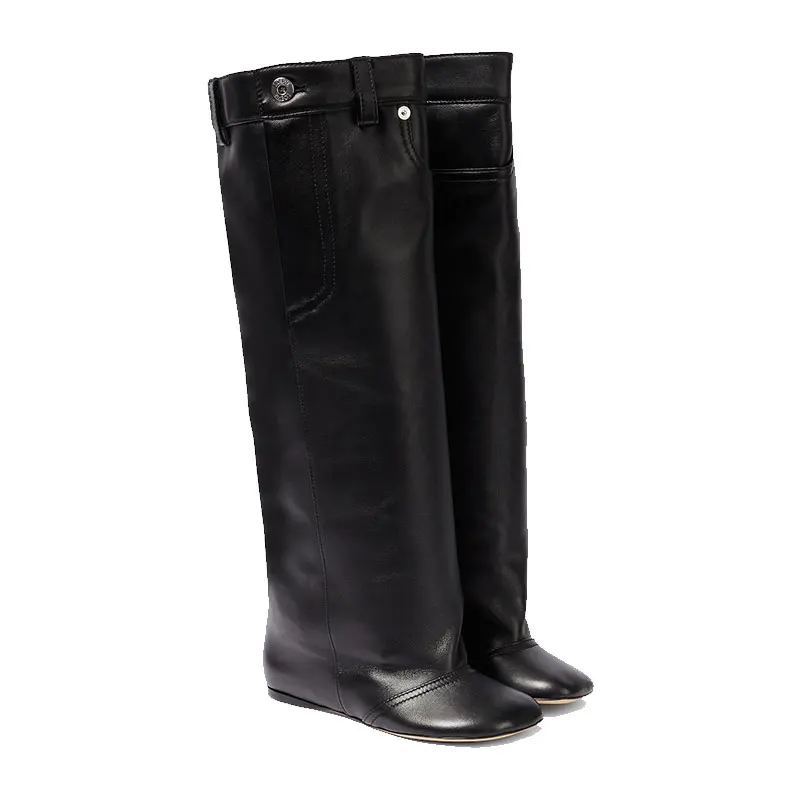 Kniehohe Damen stiefel, flacher Boden, runde Zehen, untere halbe Höhe, großer Eimer, schlanke Taille, neu