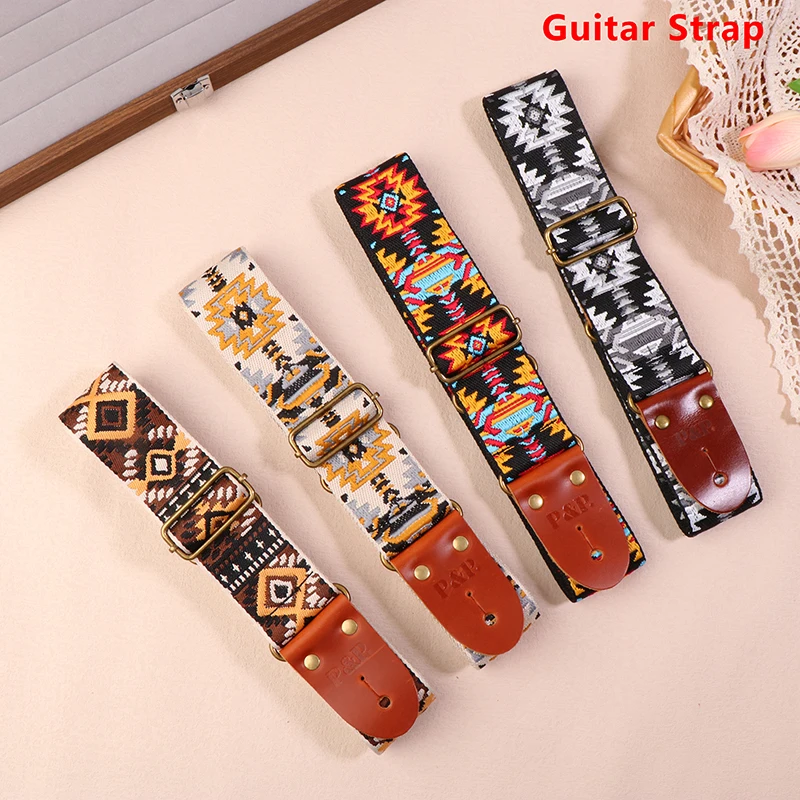 

Guitar Strap Bass Cotton Leather Embroidery Straps Adjustable Neck Strap Electric Acoustic Guitar Bass Accessories