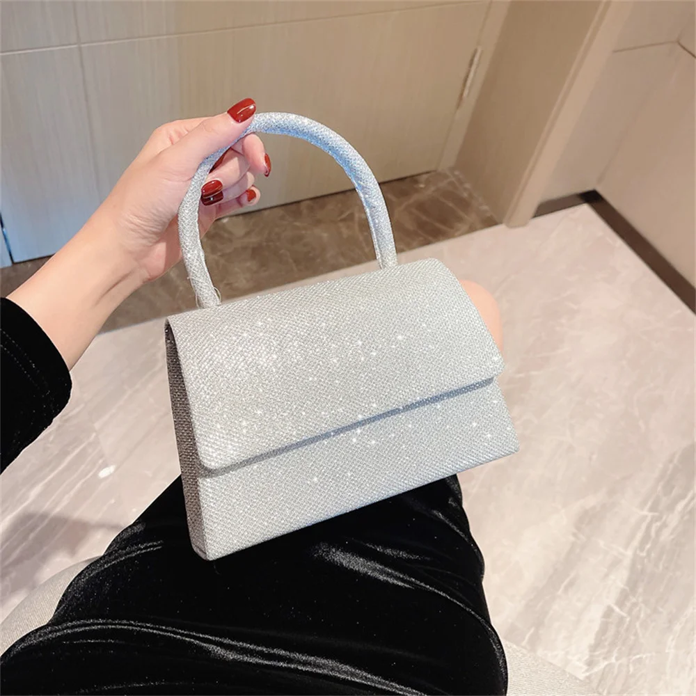 New Silver Bright Silk Evening Bag Women Elegant Fashion Banquet Clutch Chain Shoulder Bags Luxury Purse Female Handbag