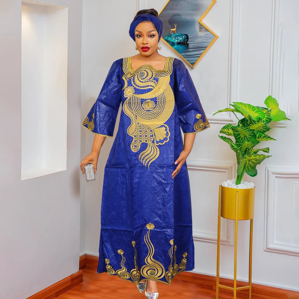 

African Women Traditional Bazin Dresses Elegant Wedding Party Evening Gown Plus Size Maxi Robe Dashiki Print Embroidery Clothing