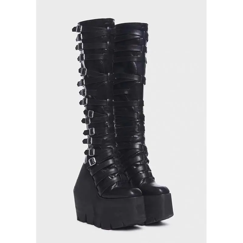 

Punk Style Black Square Toe Platform Belt Buckle Knee-High Women Boots Wedges High Heels Back Zipper Design Large Size Shoes