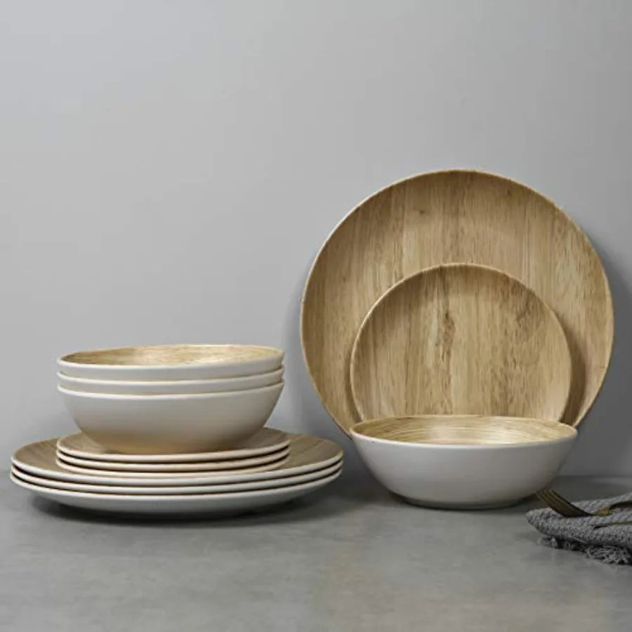 

Melamine Dinnerware Set - 12pcs dinnerware set Indoor and Outdoor use, Bamboo Pattern Dishes Dinnerware Set for 4, Dishwasher S
