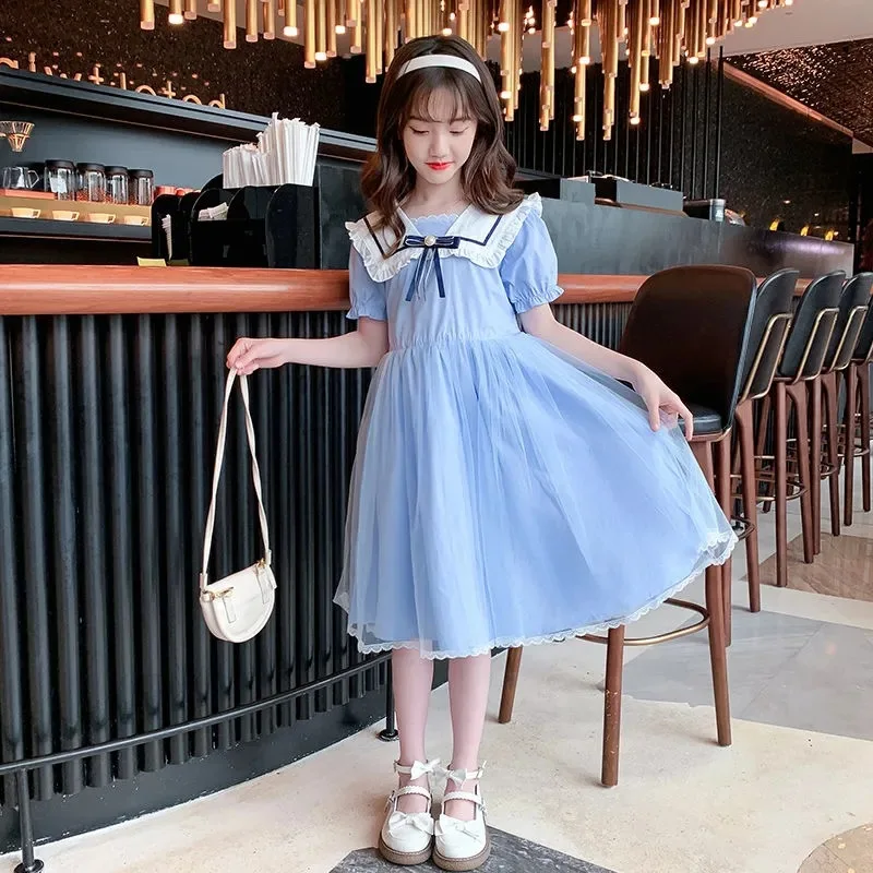 

2024 summer New Girls Sailor Collar mesh lace 2 layers JK party Teen lolita Princess Kids Dresses Child Clothes 4 8 9 10 12 year