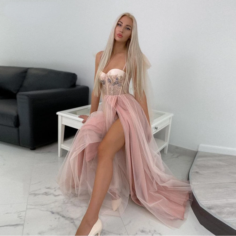 

Dusty Pink Evening Dresses Spaghetti Strap High Side A Line Saudi Arabia Embroidered Crystal Prom Dress Formal Party Gowns