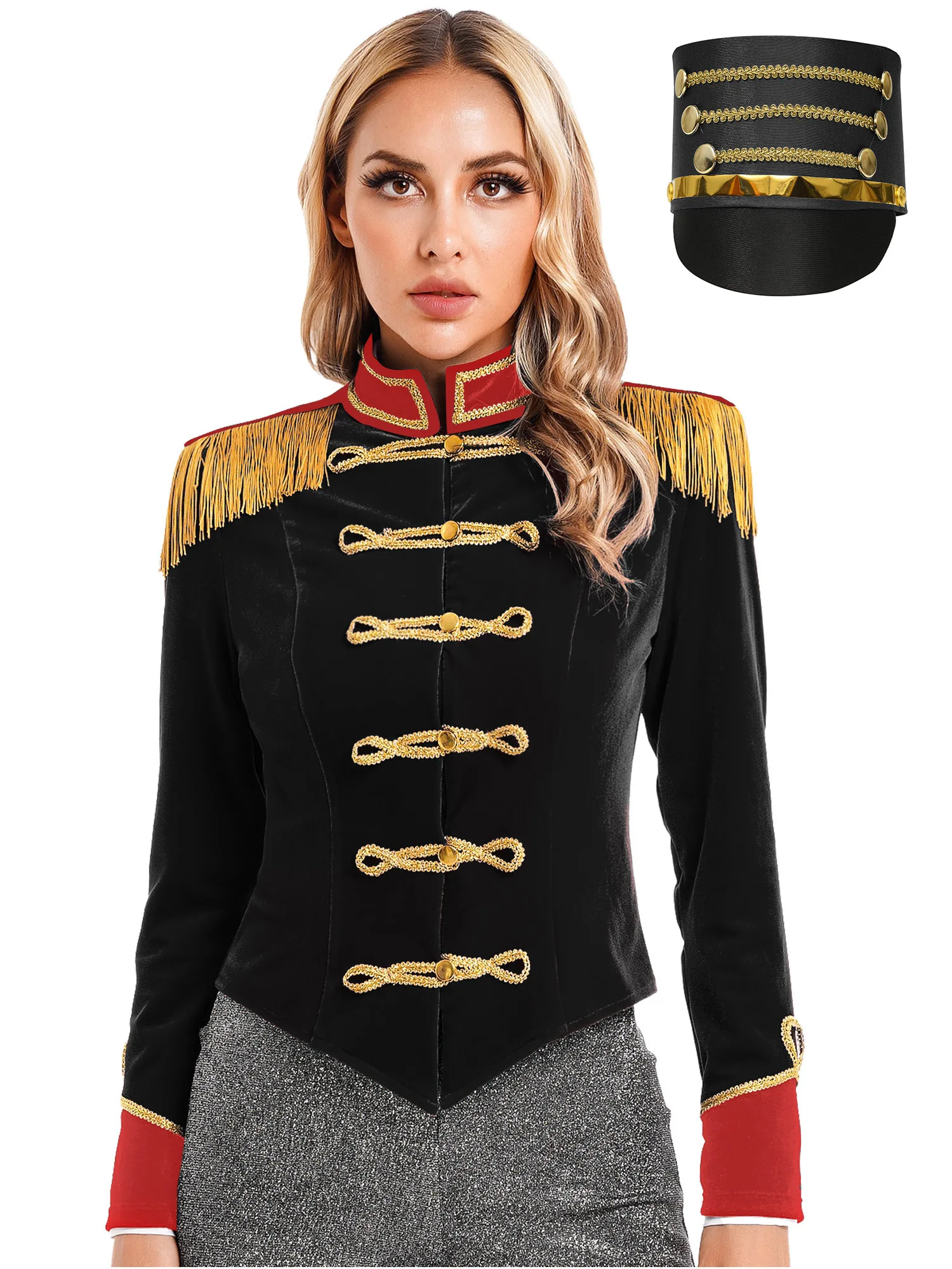 Women 2Pcs Circus Ringmaster Cosplay Party Carnival Costume Long Sleeve Stand Collar Fringe Shoulder Jacket Coat with Hat Set