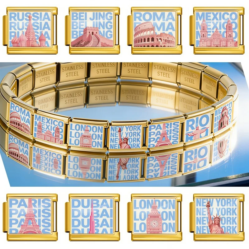 

New World City Landmark Buildings Italian Charms Link for Bracelet 9mm Modular Stainless Steel DIY Jewelry Gifts
