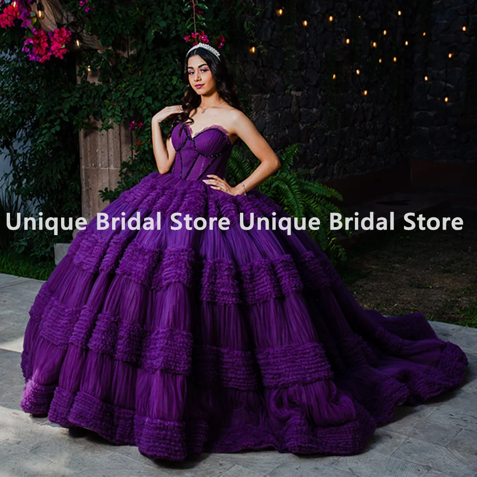 Customized Dark Purple Ball Gown Quinceanera Dress Gorgeous Sweetheart  Sleeveless Beads Ruffles Tulle Party Dresses Sweet 15 Yea - AliExpress 320