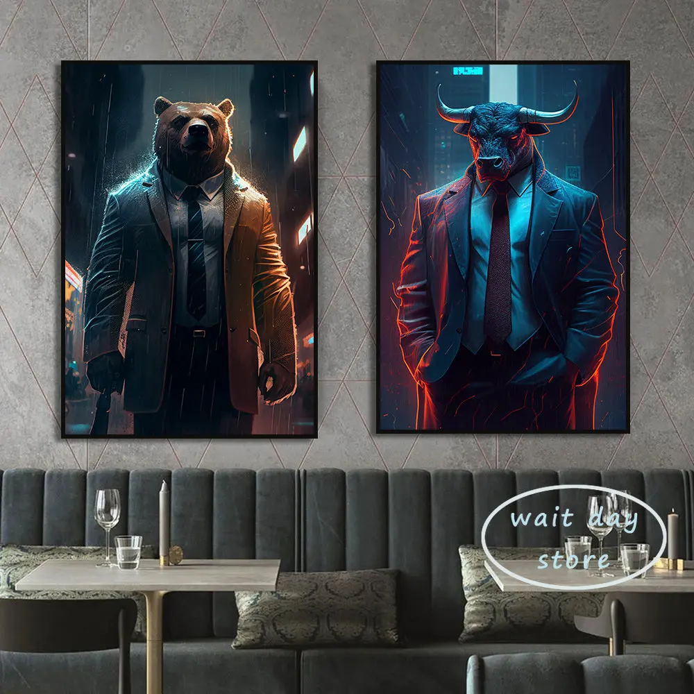 Modern Bear & Bull Poster Print Canvas Stock Market Wall Art Poster Wall Street Traders Hd Modular Pictures Office Home Decor