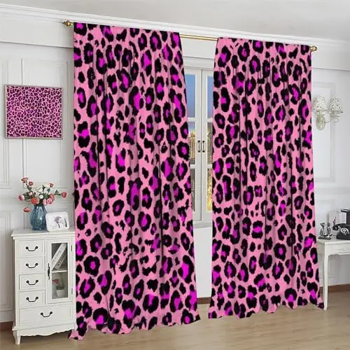 Leopard Curtains,Pink Leopard Pattern Design Wild Animal Skin Spots Print Window Treatments, Retro Rod Pocket Thermal Insulation