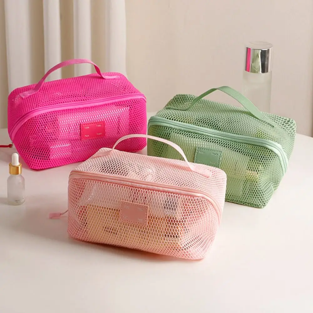 

Simple Solid Color Mesh Cosmetic Bag Lightweight Zipper Cosmetic Organizer Handheld Multi-function Makeup Pouch Office