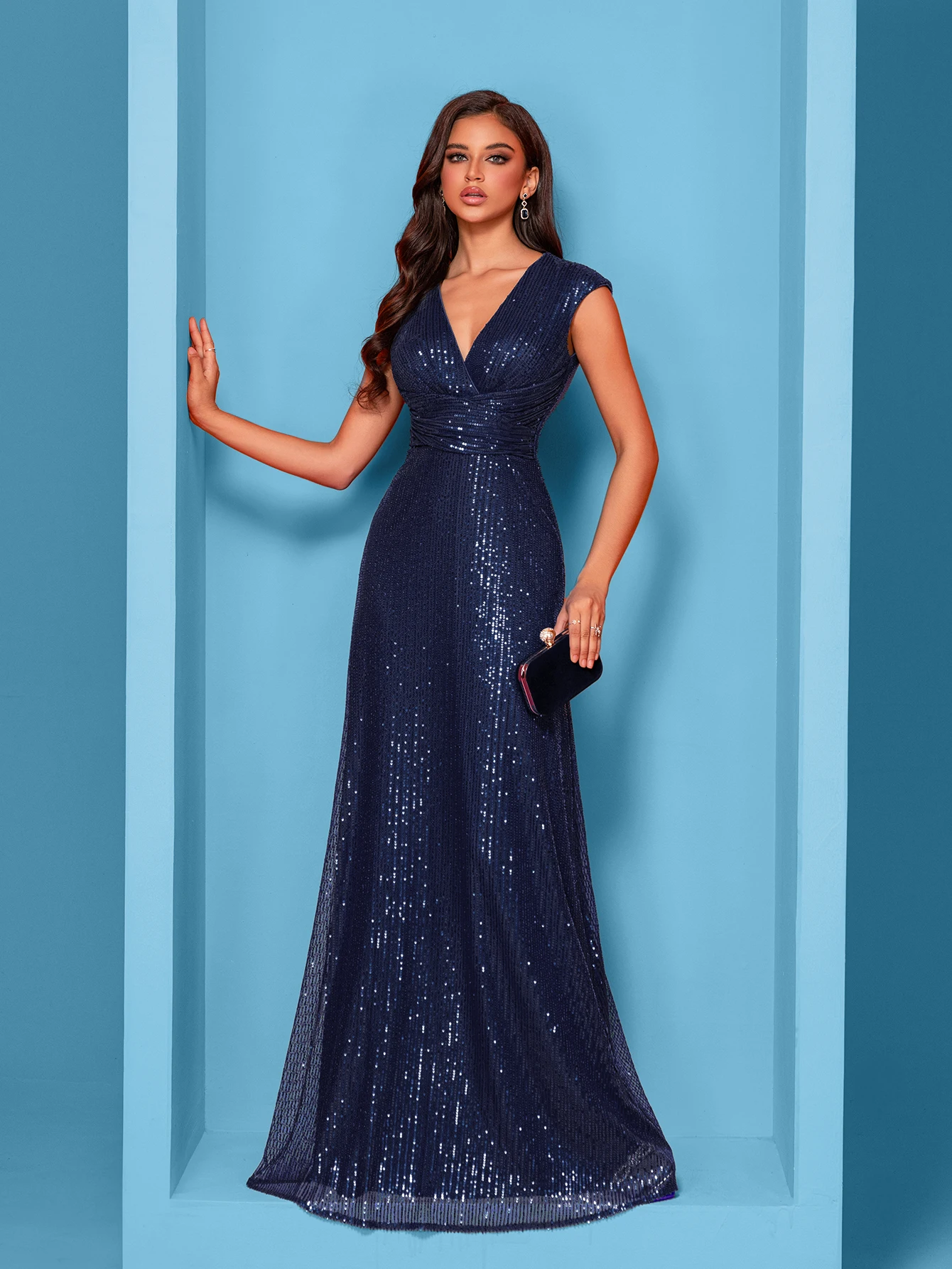 Women Elegant V-neck Mermaid Evening Dress Floor Length Formal Blue Prom Party Gown Sequins Sleeveless Vestido