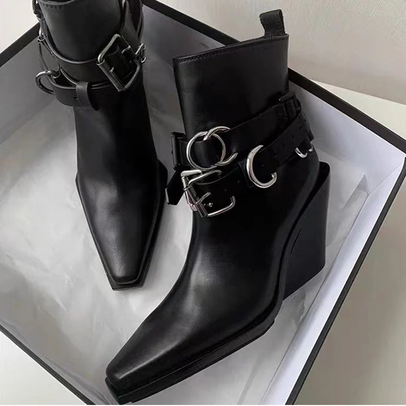 

Wedges Women Ankle Boots Pointed Toe Punk Leather Boots High Heels Woman Winter Boots 2025 Trend Gothic Gladiator Female Botas