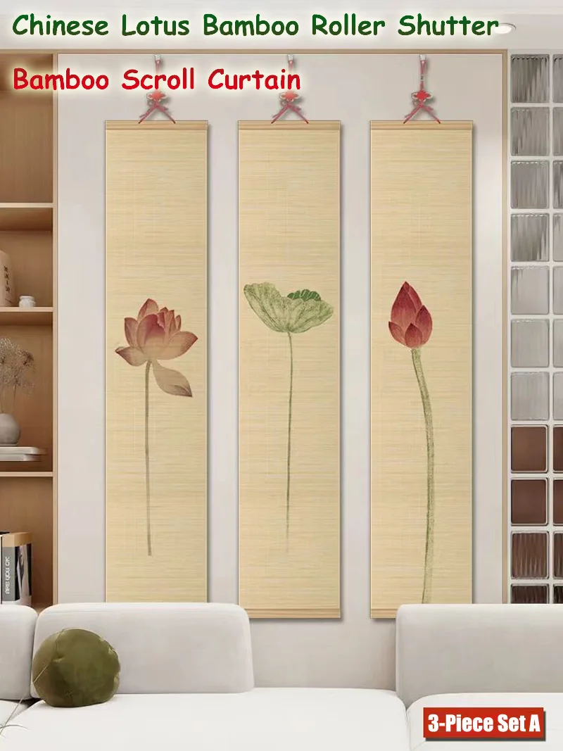 Chinese Zen Bamboo Roller Shutter,Lotus Ccroll Curtain,Hanging Painting Porch For Tea Room,LivingRoom 30x160cm,25x130cm,20x110cm