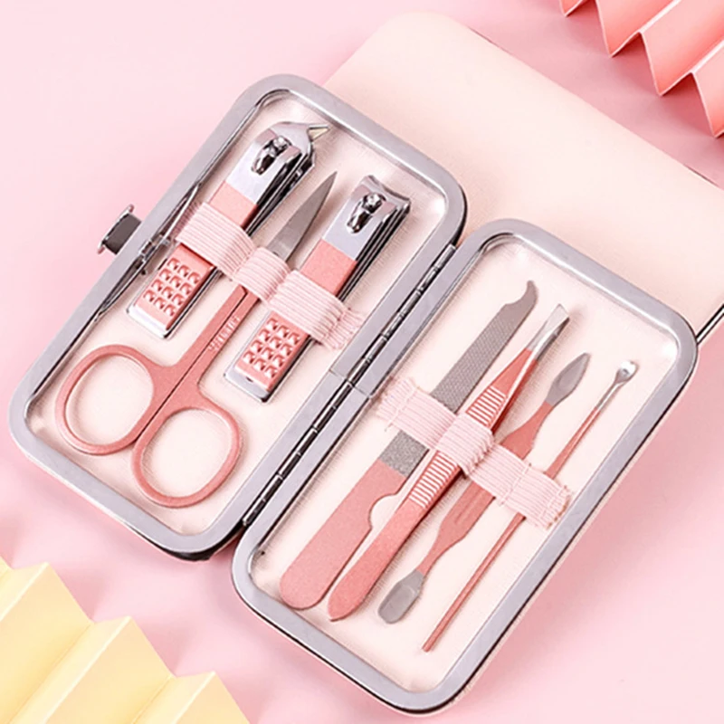 Stainless Steel Nail Clipper Set Grooming Tool Set With Portable Case Manicure Art Tool Pink Nails Cut