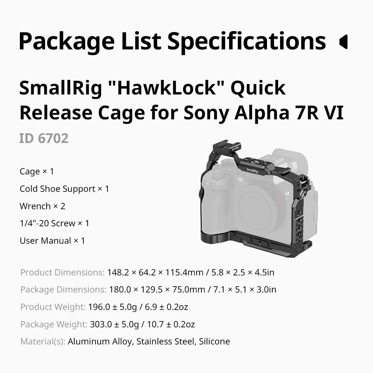 SmallRig A7R VI "HawkLock" Quick Release Cage voor Sony Alpha 7R VI met 1/4 "-20 schroefdraad Cold Shoe voor handgrepen Monitoren Mounts 6702