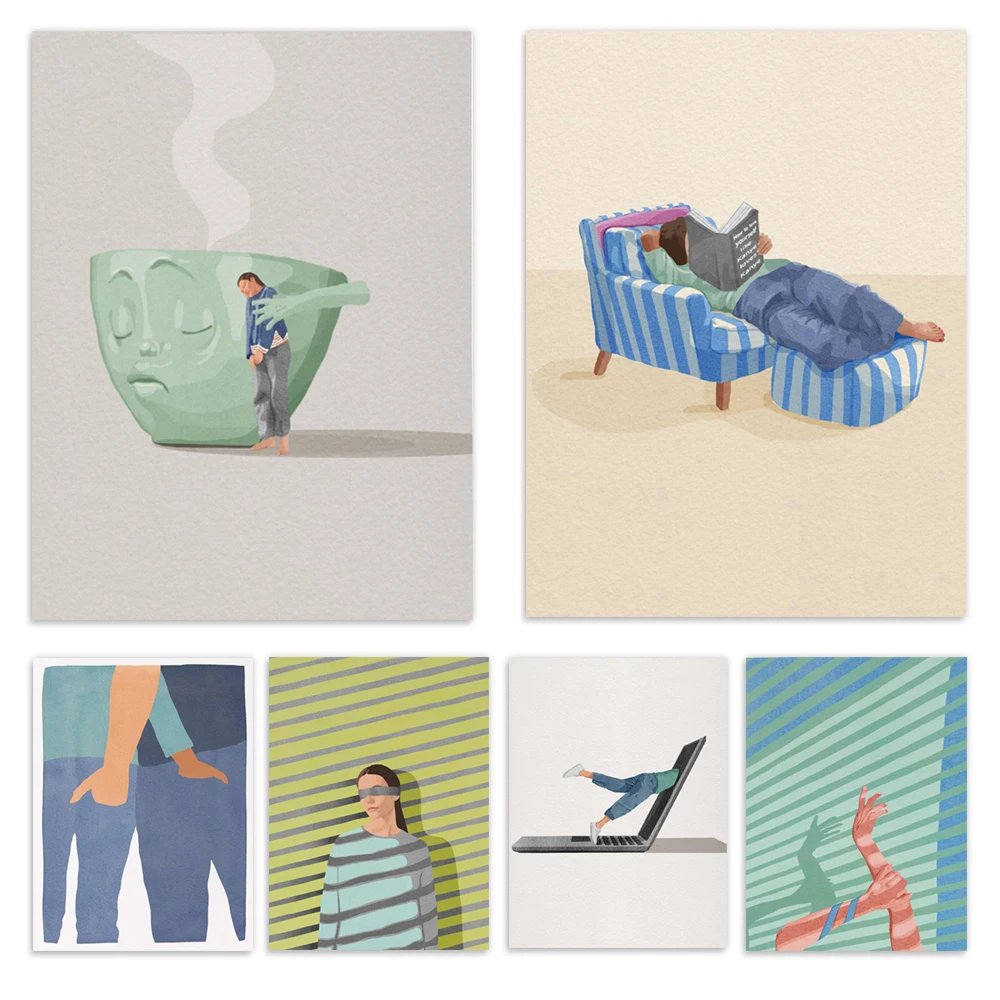 Cloudy horizon, summer art, work mood, motivational art, striped abstract woman, motherly love illustration wall art poster