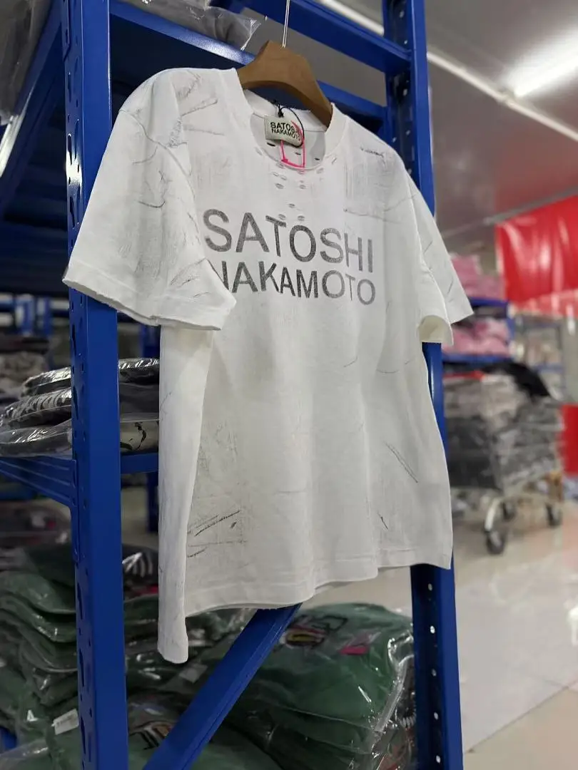 High Quality Destroyed Distressed Washed T-shirt SATOSHI Letter Print Oversized Cotton Short Sleeve Unisex Streetwear Casual Tee