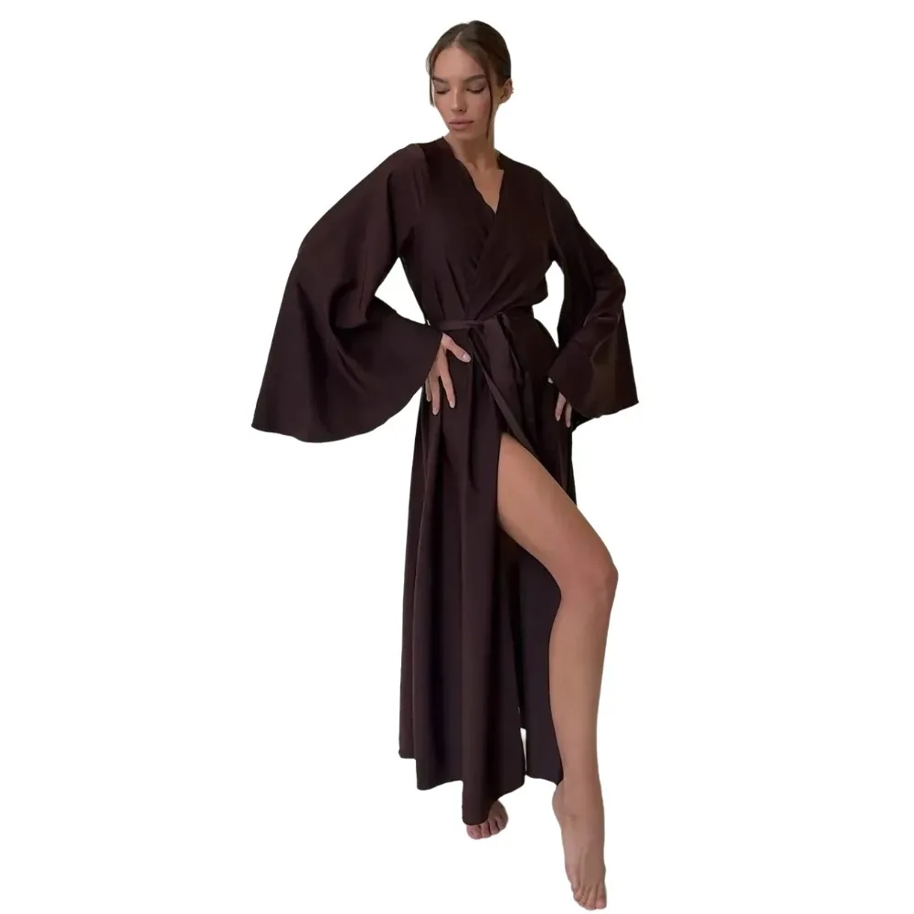 

Sexy Style Solid Color Satin Robe Long Sleeves High Waisted Lace Up Pajamas Split Design Thin Home Wear for Women