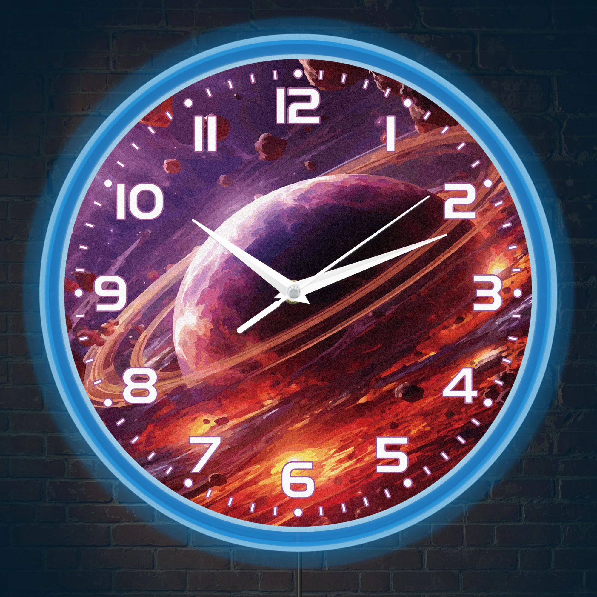 Ringed Planet Deep Space Nebula Illuminated Neon Rim Wall Clock for Game Room Home Theater Cosmic Galaxy Art Light Up Wall Clock