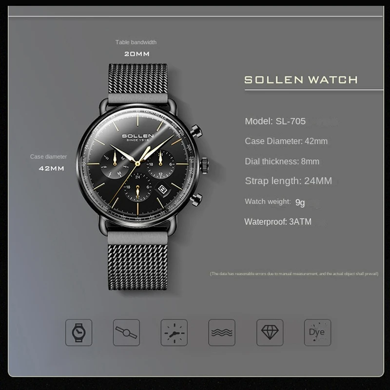 SOLLEN الفاخرة المستوردة ميوتا كوارتز ساعة يد تعمل بالحركة للرجال الراقية 316L الفولاذ المقاوم للصدأ تاريخ موضة ساعات رجالي Relogio