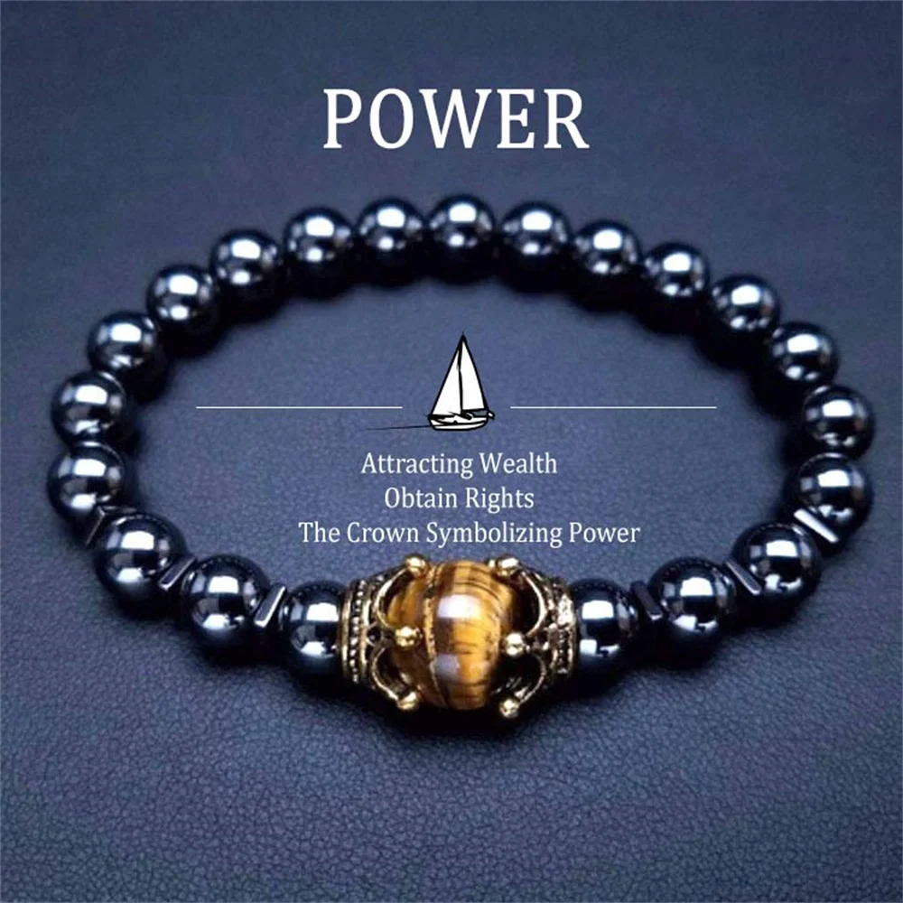 Trendy Personality Nature Stone Bracelets For Men Vintage Crown Symbolic Power Hematite Ore Beaded Bracelets Gifts For Friend