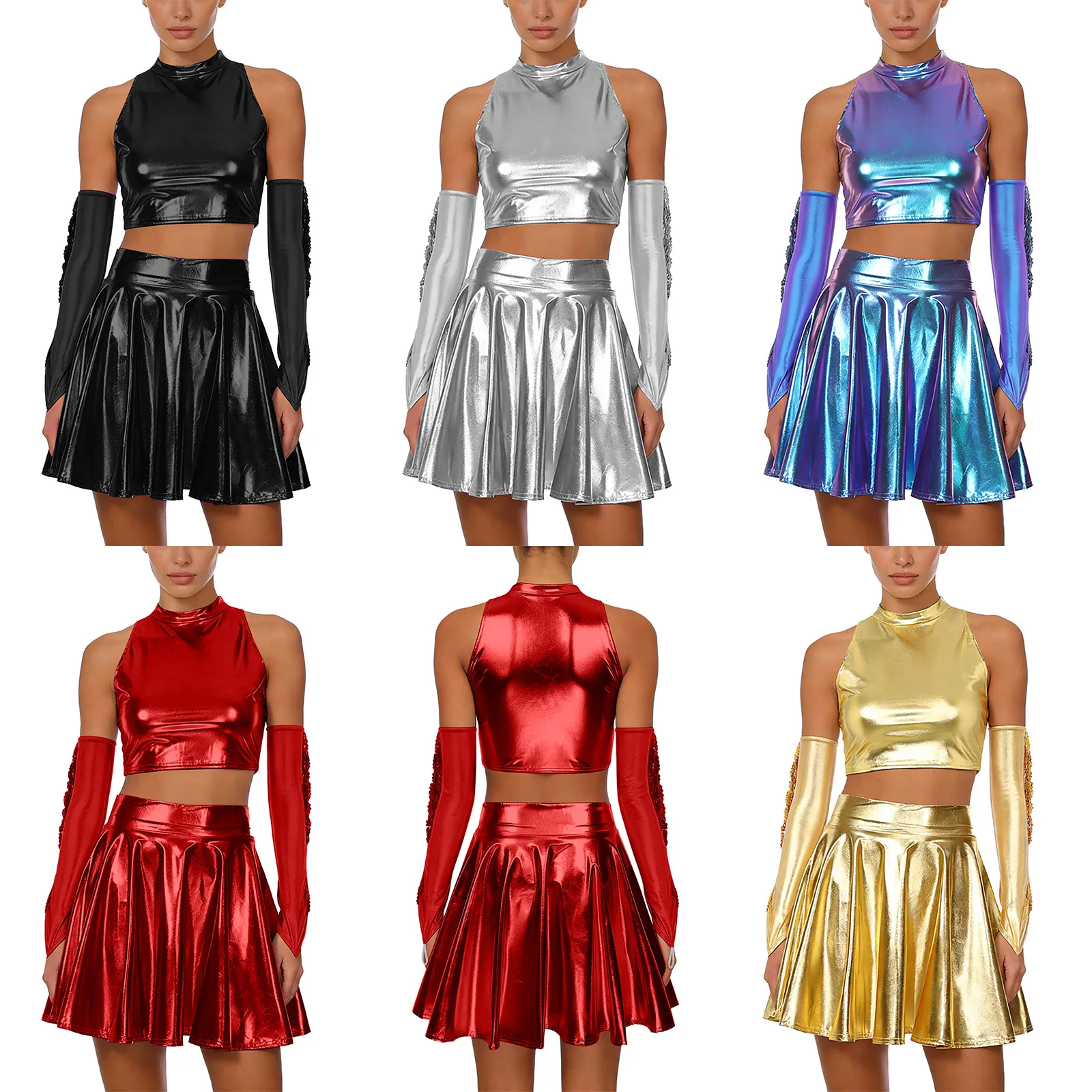 

Womens Metallic Shiny Rave Dance Outfits Mock Neck Sleeveless Vest Miniskirt And Fingerless Gloves with Sequin Tassel Costume
