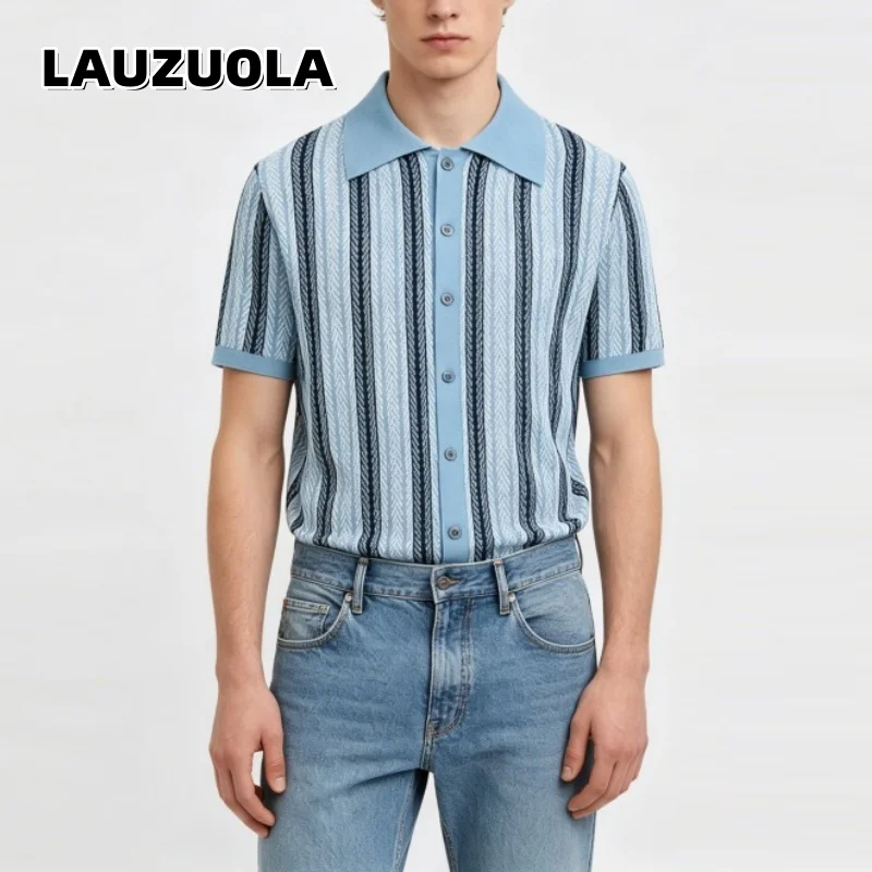 Men's Striped Knit Button Up Shirt Short Sleeve Blue Vertical Stripe Knitted Casual Retro Summer Streetwear Top