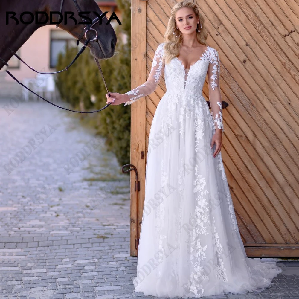 RODRSYA Exquisite Vestidos de Noiva Para Noiva 2023 Mangas Longas A LiRODDRSYA Requintados Vestidos De Casamento Para A Noiva 2023 Mangas Compridas A Linha Vestidos De Noiva Lace Applique V-Neck Tulle vestidos de novia