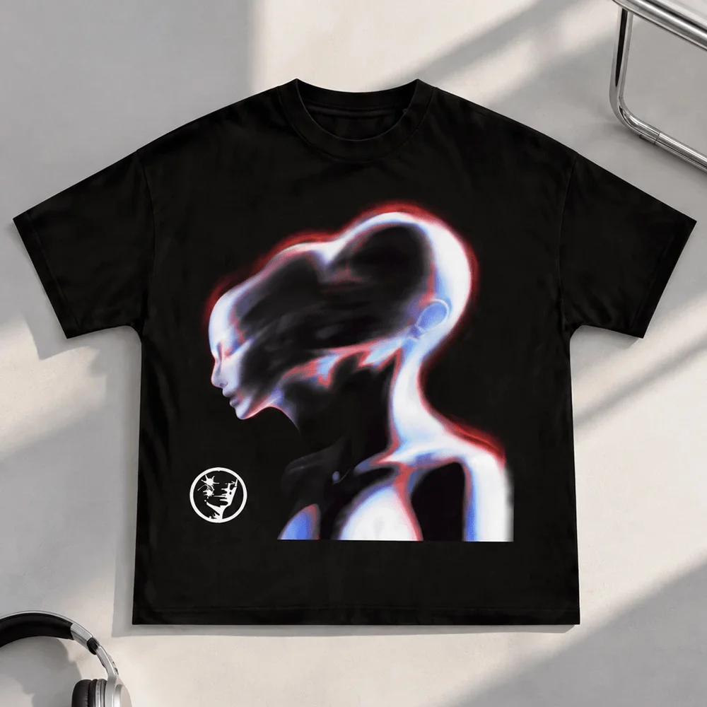 Glitch Double Human Silhouette Pattern Breathable Y2K Streetwear Top Unisex Short-sleeved Retro Street Y2K Casual Tops Clothing