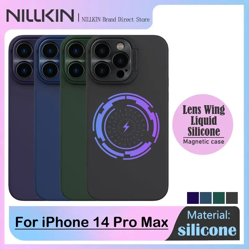 

Магнитный чехол Nillkin Lens Wing для Apple iPhone 14 Pro Max, защита камеры, жидкий силикон Magsafe, приятный для кожи чехол