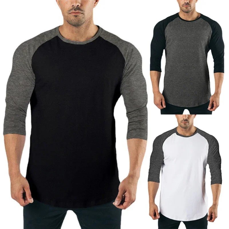 Neue Mode Drei Viertel Ärmeln T Hemd Männer Frühling Herbst Patchwork Gym Kleidung Fitness T-shirt Sport Raglan Ärmeln T-shirt