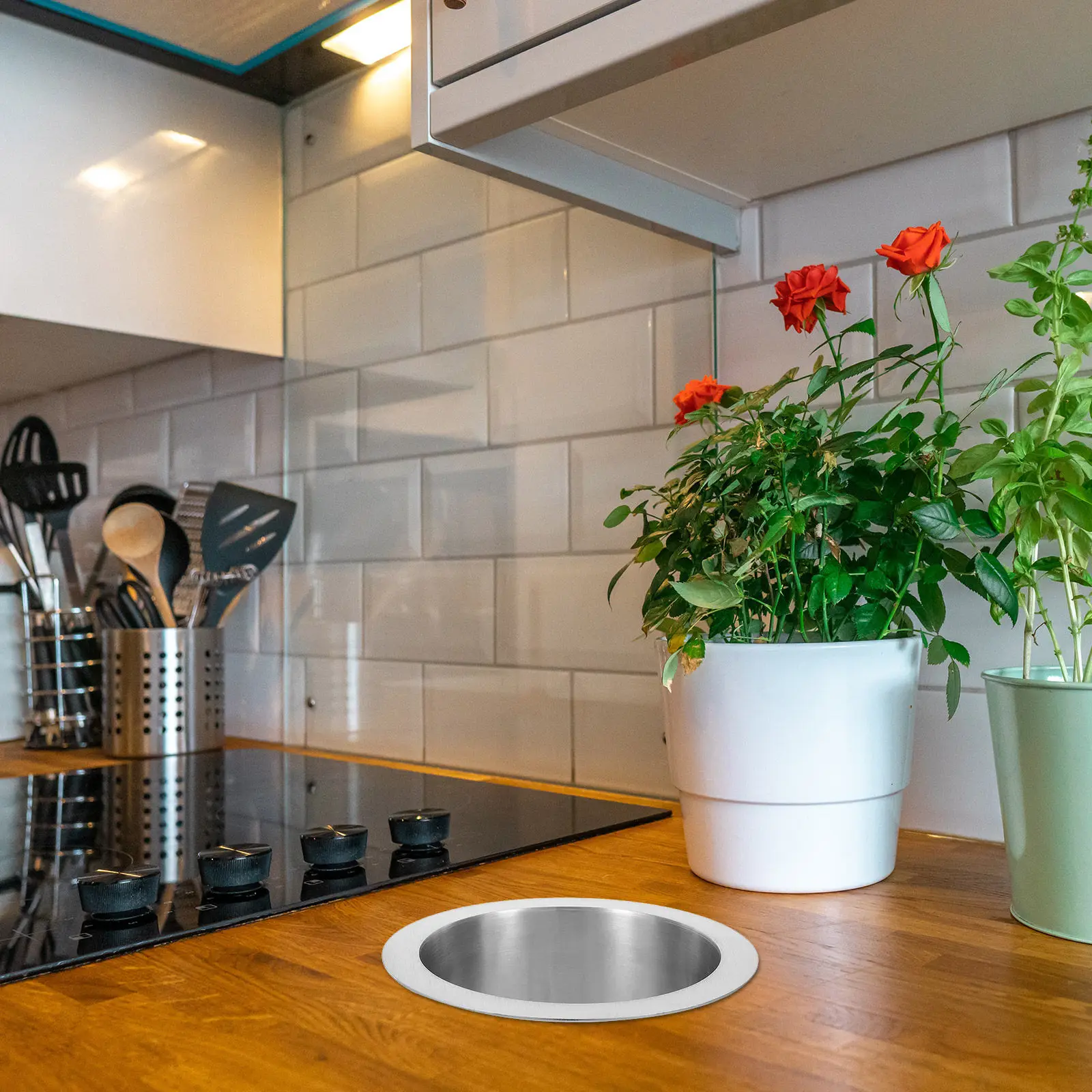 

Polished Stainless Steel Round Trash Grommet Drop-in Countertop Chute Embedded Waste Container Ring Easy Bag Fixation Clean